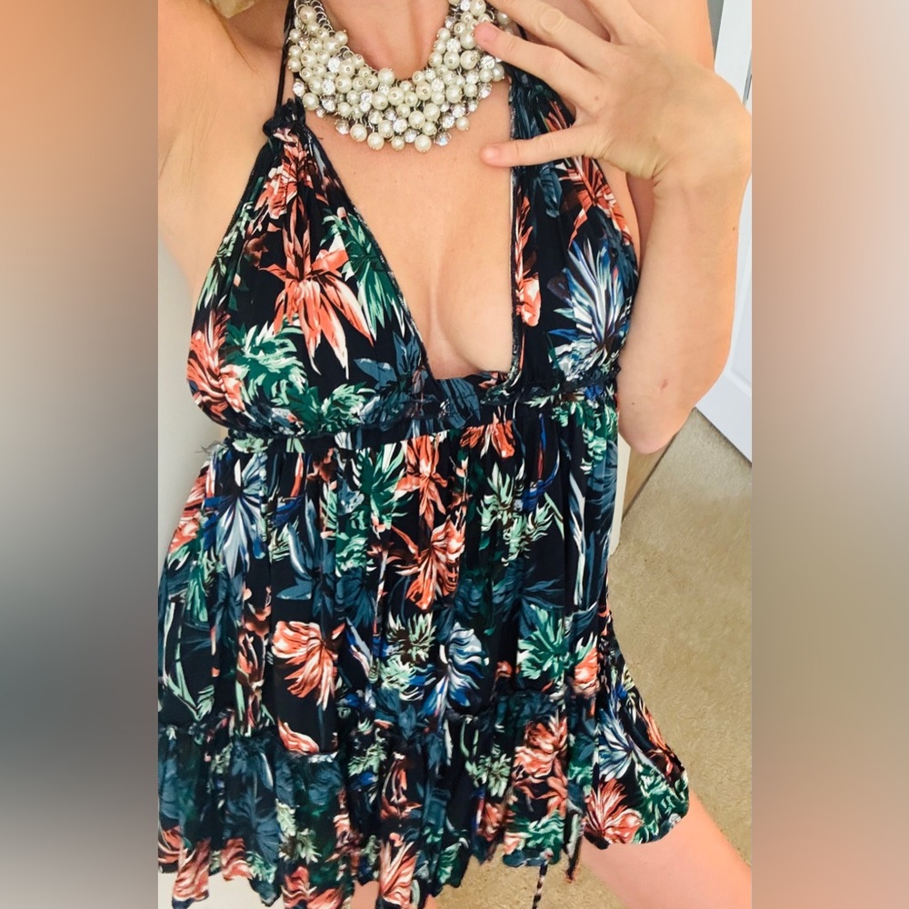 Free People Floral Halter Dress - Black, Orange, Green